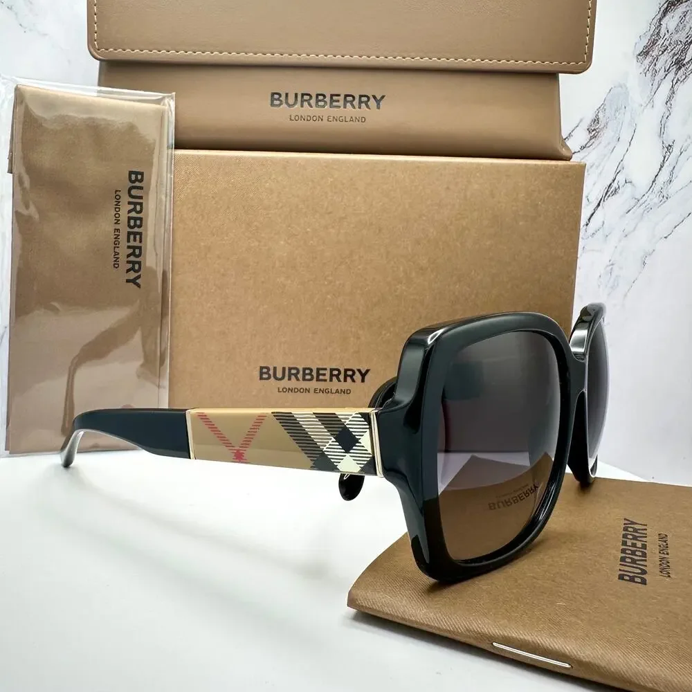New Burberry Sunglasses Black Square Frames Checkered Arms Gradient BURBERRY - Picture 9 of 16